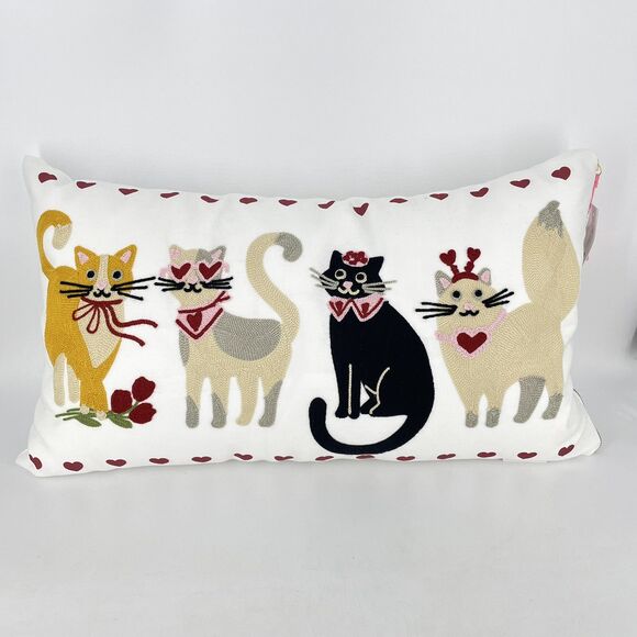 Isaac Mizrahi Embroidered 4 Cats Pillow Hearts Valentine's Decorative 22" X 12" - Picture 1 of 6